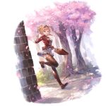 1girl bag bangs belt blonde_hair boots bread_slice brick_wall brown_footwear cherry_blossoms djeeta_(granblue_fantasy) dress food_in_mouth full_body granblue_fantasy hairband holding holding_bag jacket looking_at_viewer official_alternate_costume official_art outdoors pleated_dress red_jacket running school_bag school_uniform short_hair solo thigh_boots thighhighs transparent_background tree white_dress yellow_eyes 