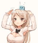  1girl armpits arms_up artist_name blush breasts cleavage_cutout clothing_cutout conte_di_cavour_(kancolle) creature_on_head dress eyebrows_visible_through_hair grey_eyes jiji_(creature) kantai_collection large_breasts long_sleeves looking_up parted_lips silver_hair simple_background two_side_up upper_body white_background white_dress wss_(nicoseiga19993411) 