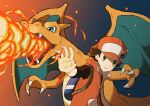  1boy absurdres backpack bag baseball_cap blue_bag breathing_fire brown_eyes brown_hair buttons charizard claws coat commentary_request fangs fire gen_1_pokemon hat highres huge_filesize jira_(ziraiya26) male_focus open_clothes open_coat outstretched_arm pokemon pokemon_(creature) pokemon_(game) pokemon_masters_ex red_(pokemon) shirt sleeveless_coat upper_body upper_teeth 