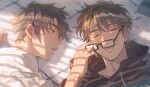  2boys ace_of_diamond black_shirt brown_eyes brown_hair closed_eyes couple day eyewear_removed glasses half-closed_eyes highres lying male_focus miyuki_kazuya multiple_boys on_back on_side sato_(sato_1_11) sawamura_eijun shirt short_hair sleeping teeth upper_body white_shirt yaoi 