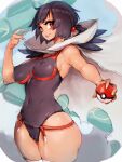  1girl black_hair cameltoe cloak covered_nipples fumio_(rsqkr) gen_3_pokemon hair_ornament highres holding legendary_pokemon looking_at_viewer one-piece_swimsuit poke_ball pokemon pokemon_(game) pokemon_oras rayquaza red_eyes short_hair short_ponytail swimsuit thighhighs zinnia_(pokemon) 