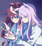  2girls animal_ears blue_eyes bow brown_hair clipping_nails closed_mouth collarbone ear_ribbon hair_bow high_ponytail highres holding_hands horse_ears horse_girl light_purple_hair long_hair long_sleeves mejiro_mcqueen_(umamusume) mizin_kosutin multicolored_hair multiple_girls nail_clippers pajamas pink_bow purple_eyes sleepwear streaked_hair tokai_teio_(umamusume) two-tone_hair umamusume white_hair 