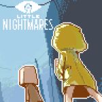  1boy 1girl bag bag_on_head barefoot blue_background brown_jacket commentary from_behind guest_(my_name_is_guest) highres hood hood_up jacket little_nightmares logo long_sleeves mono_(little_nightmares) no_pants paper_bag pixel_art raincoat six_(little_nightmares) yellow_raincoat 