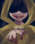  1girl black_hair blood blood_on_face blood_on_hands claw_pose close-up commentary copyright_name facing_viewer fingernails hood hood_up horror_(theme) little_nightmares no_eyes open_mouth portrait raincoat reaching_out shaded_face short_hair six_(little_nightmares) smile solo souen_senri teeth upper_body yellow_raincoat 