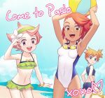  3girls :d armpits arms_up ass_visible_through_thighs ball bangs bare_arms beach bike_shorts blue_eyes breasts camilla_(pokemon) cloud collarbone commentary covered_navel day english_commentary english_text eyelashes flower gazing_eye gen_1_pokemon goggles goggles_around_neck green_hairband green_swimsuit hairband heart holding holding_ball looking_at_viewer misty_(pokemon) multiple_girls navel open_mouth orange_hair outdoors pink_hair pokemon pokemon_(creature) pokemon_(game) pokemon_masters_ex psyduck sand shore short_hair sky smile standing swept_bangs swimsuit tied_hair tongue upper_teeth water white_flower white_swimsuit wristband 