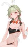  1girl :3 animal_ears azur_lane bangs bare_shoulders blunt_bangs blush bow bowtie breast_tattoo breasts bunny_earrings cleavage closed_mouth collarbone detached_collar ear_piercing earrings eyebrows_visible_through_hair fake_animal_ears fake_tail fingernails giuseppe_garibaldi_(azur_lane) gradient_hair green_hair highleg highleg_leotard highres jewelry leotard long_fingernails multicolored_hair nail_polish ohisashiburi orange_bow orange_nails orange_neckwear piercing rabbit_ears red_eyes red_hair see-through simple_background sitting smile solo stomach symbol-only_commentary tail tattoo white_background wrist_cuffs 