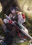  1girl 1other artist_name bangs bare_shoulders black_footwear black_hair black_legwear blue_eyes boots breasts cecile_(dragalia_lost) commentary_request dragalia_lost eyebrows_visible_through_hair fingerless_gloves forest fur-trimmed_jacket fur_trim glint gloves hair_between_eyes helm helmet hentaki highres holding jacket long_sleeves medium_breasts mole mole_under_mouth nature off_shoulder open_clothes open_jacket outdoors pantyhose parted_lips puffy_long_sleeves puffy_sleeves red_gloves shoe_soles sitting solo_focus tree watermark web_address white_jacket 