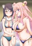  2girls animal_ears bangs bare_shoulders bikini black_hair blurry blurry_background blush breasts commentary cowboy_shot eyebrows_visible_through_hair from_side gradient_hair hair_between_eyes hair_ornament hair_rings hand_on_own_arm hand_up hatsune_(princess_connect!) highres long_hair looking_at_viewer medium_breasts micro_bikini multicolored_hair multiple_girls navel open_mouth parted_lips pointy_ears princess_connect! purple_eyes raised_eyebrows shiny shiny_hair shiori_(princess_connect!) siblings side-tie_bikini sisters star_(symbol) star_hair_ornament string_bikini sweat swimsuit tail thighs tiger_ears tiger_tail underboob v-shaped_eyebrows w yellow_eyes yue_(show-ei) 