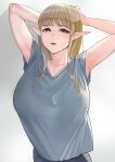  1girl absurdres armpits arms_behind_head arms_up blonde_hair blue_eyes blue_shirt breasts bright_pupils collarbone elf eyebrows_visible_through_hair half-closed_eyes highres large_breasts long_hair looking_at_viewer loose_clothes loose_shirt mute_(mute89539160) open_mouth original pointy_ears shirt shirt_tucked_in sidelocks simple_background solo t-shirt tented_shirt upper_body v-neck 