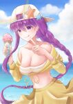  1girl absurdres asymmetrical_hair bandeau bangs bare_shoulders baseball_cap bb_(fate) bb_(swimsuit_mooncancer)_(fate) beach blue_sky blush braid breasts cleavage collarbone cropped_jacket daachan fate/grand_order fate_(series) food hat hat_ornament highres ice_cream ice_cream_cone index_finger_raised jacket large_breasts licking_lips long_hair long_sleeves looking_at_viewer midriff miniskirt purple_eyes purple_hair single_braid skirt sky solo star_(symbol) star_hat_ornament tongue tongue_out very_long_hair white_headwear yellow_jacket yellow_skirt 