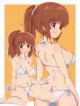  1girl absurdres alternate_hairstyle ass back bare_legs bikini bikini_day border breasts brown_eyes brown_hair butt_crack cleavage closed_mouth collarbone commentary_request girls_und_panzer hair_ornament highres long_hair looking_at_viewer makura_ken medium_breasts multiple_views navel nishizumi_miho open_mouth ponytail shoulder_blades side-tie_bikini sideboob sidelocks simple_background sitting smile standing swimsuit thighs wariza white_bikini 