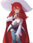  1girl arikindows10 artist_name blush breasts bright_pupils buttons cape cleavage clothing_cutout detached_sleeves dress embarrassed finger_to_mouth hair_between_eyes hat highres leaning_forward little_witch_academia long_hair navel navel_cutout pleated_skirt red_cape red_eyes red_hair shiny_chariot shushing simple_background skirt solo thighhighs twitter_username uniform white_background white_headwear white_pupils wide_sleeves witch witch_hat 
