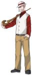  1boy belt_buckle blaine_(pokemon) brown_pants buckle cane collared_shirt commentary_request facial_hair full_body hand_in_pocket hat hat_ribbon holding holding_cane long_sleeves male_focus maou_abusorun mustache necktie old old_man pants pokemon pokemon_(game) pokemon_hgss red_legwear red_ribbon red_shirt ribbon round_eyewear shirt shoes socks solo sunglasses vest white_headwear white_vest 