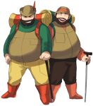  2boys :d backpack bag beard boots brown_headwear brown_vest cane closed_eyes commentary_request facial_hair facing_viewer full_body green_shirt grin hat hiker_(pokemon) holding holding_cane long_sleeves male_focus maou_abusorun multiple_boys open_mouth orange_footwear pants pokemon pokemon_(game) pokemon_bw pokemon_dppt shirt smile teeth tongue upper_teeth vest yellow_pants 