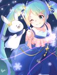  1girl 1other aoiyui aqua_eyes aqua_hair blue_dress blue_scarf bunny commentary constellation_print dress frilled_dress frills glowing hair_ornament hairclip hatsune_miku holding holding_wand long_hair looking_at_another night one_eye_closed rabbit_yukine scarf signature smile snowflake_hair_ornament snowflakes star_(symbol) star_hair_ornament star_night_snow_(vocaloid) twintails very_long_hair vocaloid wand yuki_miku yuki_miku_(2017) 