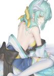  1girl back bangs bikini blush bow breasts dmith dragon_girl dragon_horns fate/grand_order fate_(series) green_hair hair_bow highres horns japanese_clothes kimono kiyohime_(fate) kiyohime_(swimsuit_lancer)_(fate) long_hair long_sleeves looking_at_viewer looking_back medium_breasts multiple_horns obi off_shoulder open_mouth sash sitting smile solo swimsuit thighhighs wariza white_legwear wide_sleeves yellow_bikini yellow_bow yellow_eyes 
