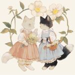  animal animal_focus basket black_cat bloomers blue_dress bouquet bow cat cat_tail dress floral_background flower frilled_dress frills full_body highres holding holding_bouquet kitten leaf long_sleeves no_humans original pawpads pink_dress simple_background slit_pupils standing tail tono_(rt0no) underwear white_cat white_flower 