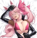  1girl absurdres animal_ear_fluff animal_ears ao_banana areola_slip areolae bangs bed_sheet bikini black_bodysuit blush bodysuit bow breasts center_opening choker cleavage collarbone covered_nipples eyebrows_visible_through_hair fangs fate/grand_order fate_(series) fox_ears fox_girl glasses hair_between_eyes hair_bow highres koyanskaya_(fate) large_breasts long_hair looking_at_viewer lying on_back open_mouth pink_bikini pink_bow pink_hair ponytail sidelocks smile solo swimsuit tamamo_(fate) tongue yellow_eyes zipper 