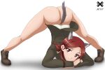  1girl absurdres acrux animal_ears artist_name ass blush bottomless breasts dated dog_ears dog_tail highres jack-o&#039;_challenge long_hair looking_at_viewer medium_breasts military military_uniform minna-dietlinde_wilcke no_panties red_eyes red_hair shiny shiny_hair shiny_skin simple_background smile solo strike_witches tail top-down_bottom-up uniform white_background world_witches_series 