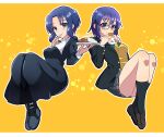  2girls absurdres bangs black-framed_eyewear black_dress black_footwear black_jacket black_legwear blue_eyes blue_hair boots bow bowtie bread breasts brown_footwear buttons ciel_(tsukihime) closed_mouth commentary_request curry curry_bread curry_rice dress eating eyebrows_visible_through_hair food food_in_mouth food_on_face glasses green_bow green_neckwear grey_skirt habit hair_between_eyes highres holding holding_food holding_plate holding_spoon itsuka_neru jacket long_sleeves looking_at_viewer medium_breasts miniskirt multiple_girls nun open_clothes open_jacket parted_bangs plate pleated_skirt rice school_uniform shirt shoes short_hair sidelocks sitting skirt smile spoon thighs tsukihime tsukihime_(remake) utensil_in_mouth vest white_shirt yellow_background yellow_vest 