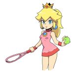  1girl blonde_hair blue_eyes breasts crown dress earrings jewelry long_hair looking_at_viewer mario_(series) mario_tennis muu_(mumumer) ponytail princess_peach racket simple_background sleeveless solo tennis_racket white_background 