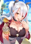  1girl antenna_hair azur_lane beach bikini black_bikini black_choker black_ribbon blurry blurry_background choker epaulettes eyebrows_visible_through_hair eyes_visible_through_hair finger_to_mouth hair_between_eyes hair_ribbon highres ice_cream_cone iron_blood_(emblem) iron_cross jacket jacket_on_shoulders long_hair looking_at_viewer military_jacket multicolored_hair official_alternate_costume open_clothes open_jacket outdoors prinz_eugen_(azur_lane) prinz_eugen_(unfading_smile)_(azur_lane) red_hair red_jacket ribbon side-tie_bikini solo streaked_hair swepot swimsuit thigh_strap tongue tongue_out twintails two-tone_hair white_hair 