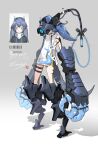  1girl arms_at_sides blue_eyes blue_hair cable commentary_request digitigrade full_body gradient gradient_background grey_background headgear highres horns mechanical_arms mechanical_legs mechanical_tail oversized_forearms oversized_limbs shadow smile solo standing tail tentacles zenmaibook 