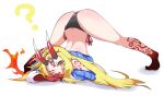  ass barefoot blonde_hair demon fang fate/grand_order fate_(series) fire horns ibaraki_douji_(fate) kakihou long_hair magic orange_eyes panties parody pointed_ears shirt_lift spread_legs tattoo underwear white wink 