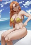  1girl bangs bare_shoulders bikini bleach blue_eyes blue_sky blurry blurry_background breasts cloud collarbone commentary covered_nipples day highres inoue_orihime large_breasts long_hair looking_at_viewer navel ocean orange_hair outdoors parted_bangs parted_lips patreon_logo patreon_username pulled_by_self shexyo sitting skindentation sky solo swimsuit thighs water watermark web_address yellow_bikini 