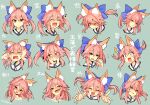  1girl angry animal_ear_fluff animal_ears blue_ribbon blush closed_eyes closed_mouth collarbone embarrassed eyebrows_visible_through_hair fang fate/extella fate/extra fate/extra_ccc fate/grand_order fate_(series) fox_ears fox_girl hair_ribbon heart highres japanese_clothes looking_at_viewer multiple_views music musical_note open_mouth pink_hair ribbon shaded_face shy singing skin_fang staring surprised sweat tamamo_(fate) tamamo_no_mae_(fate/extra) translation_request wisespeak yellow_eyes 