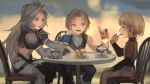  1girl 2boys blonde_hair blue_eyes brother_and_sister brothers eating final_fantasy final_fantasy_ix food gloves green_eyes hair_tubes ice_cream kuja medium_hair mikoto_(ff9) multiple_boys open_mouth sasumata_jirou short_hair siblings smile sundae tail zidane_tribal 