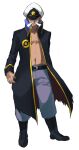  1boy belt black_belt black_coat black_footwear boots coat commentary_request drake_(pokemon) facial_hair full_body grey_pants hat long_sleeves male_focus maou_abusorun mustache navel open_clothes open_coat pants pokemon pokemon_(game) pokemon_rse short_hair solo standing white_hair white_headwear 