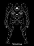  absurdres black_background character_name clenched_hands highres lineart mecha monochrome negative new_arhan no_humans rakuen_tsuihou science_fiction simple_background solo standing visor yuu_(yuu2525design) 