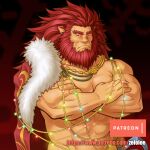  1boy abs animal_ears bara bare_pectorals beard blush caineghis_(fire_emblem) cape crossed_arms facial_hair fire_emblem fire_emblem:_path_of_radiance fire_emblem:_radiant_dawn large_pectorals lion_boy lion_ears long_hair looking_at_viewer male_focus mature_male muscular muscular_male naked_cape nipples one_eye_closed pectorals red_cape reward_available solo stomach thick_eyebrows upper_body zelo-lee 