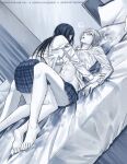  2girls abs all_fours bare_shoulders bed bed_sheet closed_eyes deviantart_username glasses gumbat hand_on_breast kurihara_mari_(prison_school) long_sleeves lying messy_hair monochrome multiple_girls navel on_back on_bed parted_lips patreon_username pinned prison_school pussy_juice pussy_juice_stain school_uniform shiraki_meiko skirt steam sweat sweating_profusely tumblr_username undressing uniform wet wife_and_wife yuri 