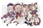  4girls :d :o animal_ear_fluff animal_ears animal_hood bandaged_leg bandages bangs_pinned_back bead_necklace beads bike_shorts black_scarf blonde_hair bloomers boots braid braided_ponytail brown_hair cabbie_hat cat_ears cat_girl cat_tail clover_print coat coin_hair_ornament diona_(genshin_impact) fake_animal_ears fake_tail fang fishnet_fabric genshin_impact green_eyes halftone hat hat_feather highres holding_hands hood jewelry jiangshi klee_(genshin_impact) knees_together_feet_apart leaf leaf_on_head locked_arms low_twintails medium_hair multiple_girls necklace ninja no1shyv open_mouth pink_hair puffy_shorts purple_eyes purple_hair purple_headwear qing_guanmao qiqi_(genshin_impact) raccoon_ears raccoon_hood raccoon_tail red_coat red_eyes red_headwear ribbon sandals sayu_(genshin_impact) scarf short_hair shorts skirt smile tabi tail tanuki thighhighs twintails underwear vision_(genshin_impact) white_background 