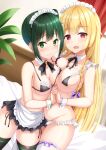  2girls apron asymmetrical_docking bare_arms bare_shoulders bikini black_bikini black_legwear black_skirt blonde_hair breast_press breasts cleavage detached_collar frilled_bikini frills green_eyes green_hair groin gungun_(hakutou7887) hair_ornament hairclip holding_hands interlocked_fingers large_breasts long_hair looking_at_viewer maid maid_apron maid_bikini maid_headdress medium_breasts miniskirt multiple_girls neck_ribbon open_mouth original pleated_skirt red_eyes ribbon short_hair side-tie_bikini side-tie_peek side_ponytail sidelocks skirt smile string_bikini swimsuit thighhighs thighs waist_apron white_legwear wrist_cuffs 