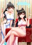  2girls :d alternate_costume animal_ears atago_(azur_lane) azur_lane bare_arms bare_legs bare_shoulders black_hair breasts clothing_cutout cocktail_dress cocktail_glass crossed_legs cup dress drinking_glass high_heels highres holding kagiyama_(clave) large_breasts long_hair looking_at_viewer mole mole_under_eye multiple_girls navel navel_cutout off-shoulder_dress off_shoulder open_mouth pelvic_curtain pink_dress ponytail sideless_outfit sitting smile standing takao_(azur_lane) taut_clothes taut_dress thighs very_long_hair white_dress yellow_eyes 