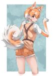  1girl absurdres animal_ears brown_gloves brown_shorts brown_vest commentary_request cowboy_shot dog_(kemono_friends) dog_ears dog_girl dog_tail elbow_gloves extra_ears eyebrows_visible_through_hair from_behind fur_trim gloves harness highres kemono_friends light_brown_hair looking_at_viewer looking_back multicolored_hair paw_pose red_eyes shirt short_hair short_shorts short_sleeves shorts solo t-shirt tail tanabe_(fueisei) two-tone_gloves two-tone_hair vest white_fur white_gloves white_hair white_shirt 