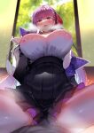  1girl absurdres bangs bare_shoulders bb_(fate) bb_(fate/extra) black_coat black_skirt blush breasts coat covered_nipples fate/extra fate/extra_ccc fate_(series) gloves hair_ribbon high-waist_skirt highres large_breasts leotard long_hair long_sleeves looking_at_viewer neck_ribbon off_shoulder open_clothes open_coat popped_collar purple_eyes purple_hair red_ribbon ribbon sitting skirt smile solo thighs very_long_hair white_gloves white_leotard wide_sleeves yueqin_(monnpiano) 
