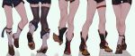  1boy 4girls bandaid bandaid_on_knee bare_legs black_footwear black_shorts boots brown_footwear commentary crossed_bandaids garter_straps genshin_impact highres hu_tao_(genshin_impact) legs lower_body multiple_girls ojo_aa paw_print paw_print_soles red_footwear shoes shorts simple_background socks sucrose_(genshin_impact) thigh_strap thighhighs two-tone_footwear white_background white_footwear white_legwear xiangling_(genshin_impact) xingqiu_(genshin_impact) yanfei_(genshin_impact) 