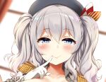  1girl aqua_eyes blush collarbone epaulettes frilled_sleeves frills gloves grey_hair hat highres jacket kantai_collection kashima_(kancolle) looking_at_viewer military military_uniform ryuki_(ryukisukune) silver_hair smile twintails uniform wavy_hair white_gloves white_jacket 