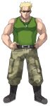  1boy bare_shoulders belt black_belt blonde_hair boots camouflage camouflage_pants closed_mouth commentary_request full_body green_shirt hands_on_hips jewelry legs_apart male_focus maou_abusorun muscular muscular_male necklace pants pectorals pokemon pokemon_(game) pokemon_hgss shirt short_hair sleeveless solo spiked_hair standing sunglasses surge_(pokemon) 