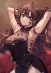  1girl ahoge armpits arms_behind_head arms_up bangs bare_shoulders belt black_dress blue_eyes blush breasts brooch brown_hair dress highres ichinose_shiki idolmaster idolmaster_cinderella_girls jewelry large_breasts long_hair looking_at_viewer open_mouth smile solo wavy_hair yok01 