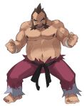  1boy barefoot belly belt black_belt brown_hair chuck_(pokemon) clenched_hands commentary_request facial_hair full_body legs_apart looking_at_viewer male_focus maou_abusorun muscular muscular_male navel pants pectorals plump pokemon pokemon_(game) pokemon_hgss purple_pants shirtless short_hair solo toes torn_clothes torn_pants wristband 