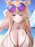  1girl ? adjusting_eyewear animal_ear_fluff animal_ears aqua_nails arknights beach bikini blurry blurry_background breasts closed_mouth eyewear_on_head fang grey_bikini hat highres huge_breasts jewelry large_breasts light_brown_hair long_hair looking_at_viewer metametametae nail_polish necklace no_hat no_headwear official_alternate_costume outdoors purple-tinted_eyewear purple_eyes round_eyewear skin_fang solo striped striped_bikini sunglasses swimsuit tinted_eyewear upper_body utage_(arknights) utage_(summer_flowers)_(arknights) vertical-striped_bikini vertical_stripes 