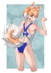  1girl absurdres alternate_costume animal_ears bare_legs bare_shoulders blue_swimsuit competition_swimsuit cowboy_shot dog_(kemono_friends) dog_ears dog_girl dog_tail extra_ears eyebrows_visible_through_hair from_behind highres japari_symbol kemono_friends light_brown_hair looking_at_viewer looking_back multicolored_hair one-piece_swimsuit paw_pose red_eyes short_hair sleeveless solo swimsuit tail tanabe_(fueisei) two-tone_hair two-tone_swimsuit white_hair white_swimsuit 