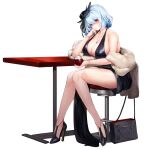  1girl bag bangs black_dress breasts cleavage cup dress drinking_glass full_body hair_between_eyes handbag hat high_heels highres jewelry large_breasts last_origin light_blue_hair looking_at_viewer necklace official_art red_eyes short_hair sitting snowball22 solo tachi-e titania_frost transparent_background wine_glass 