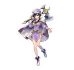  1girl absurdres ankle_boots armor asatani_tomoyo axe bangs battle_axe belt black_hair boots breastplate cape collarbone commentary dress fire_emblem fire_emblem:_genealogy_of_the_holy_war fire_emblem_heroes full_body hat highres holding holding_weapon larcei_(fire_emblem) long_sleeves looking_at_viewer official_art open_mouth over_shoulder purple_dress purple_eyes shiny shiny_hair short_dress short_hair short_sleeves shoulder_armor sidelocks simple_background smile solo thigh_strap thighs weapon weapon_over_shoulder white_background 