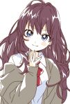  1girl bangs blue_eyes closed_mouth coat eyebrows_visible_through_hair fingernails grey_coat highres ichinose_shiki idolmaster long_hair looking_at_viewer namori neck_ribbon purple_hair red_ribbon ribbon shirt smile solo wavy_hair white_shirt 